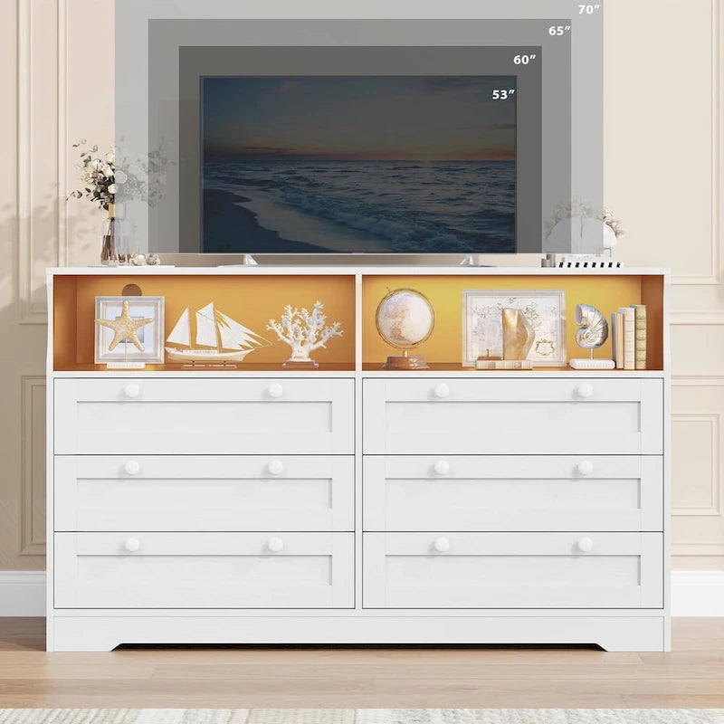 Commode large de 55", commode en bois à 6 tiroirs avec lumière LED, commode en bois avec grand espace de rangement