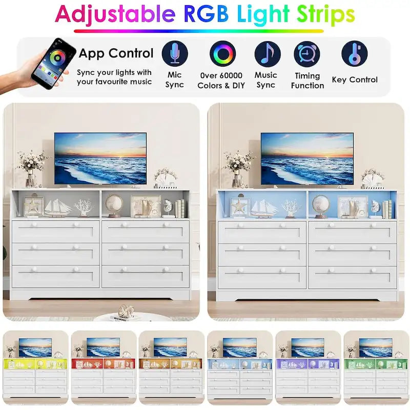 Commode large de 55", commode en bois à 6 tiroirs avec lumière LED, commode en bois avec grand espace de rangement