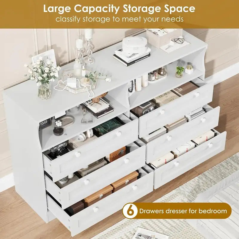 Commode large de 55", commode en bois à 6 tiroirs avec lumière LED, commode en bois avec grand espace de rangement