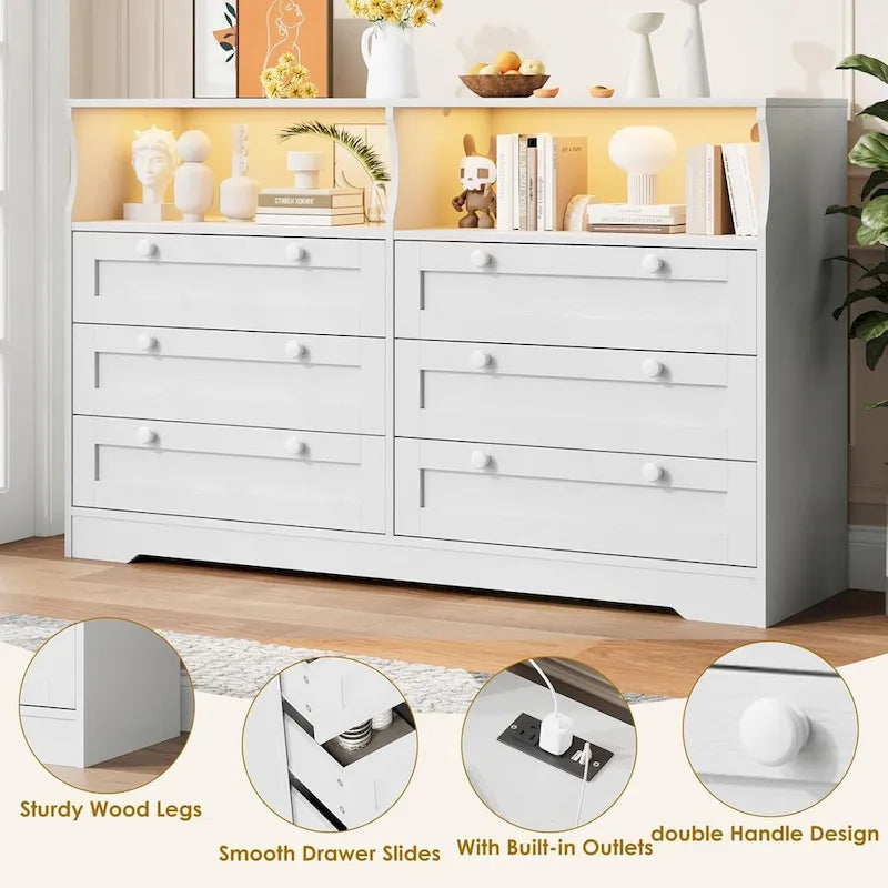 Commode large de 55", commode en bois à 6 tiroirs avec lumière LED, commode en bois avec grand espace de rangement