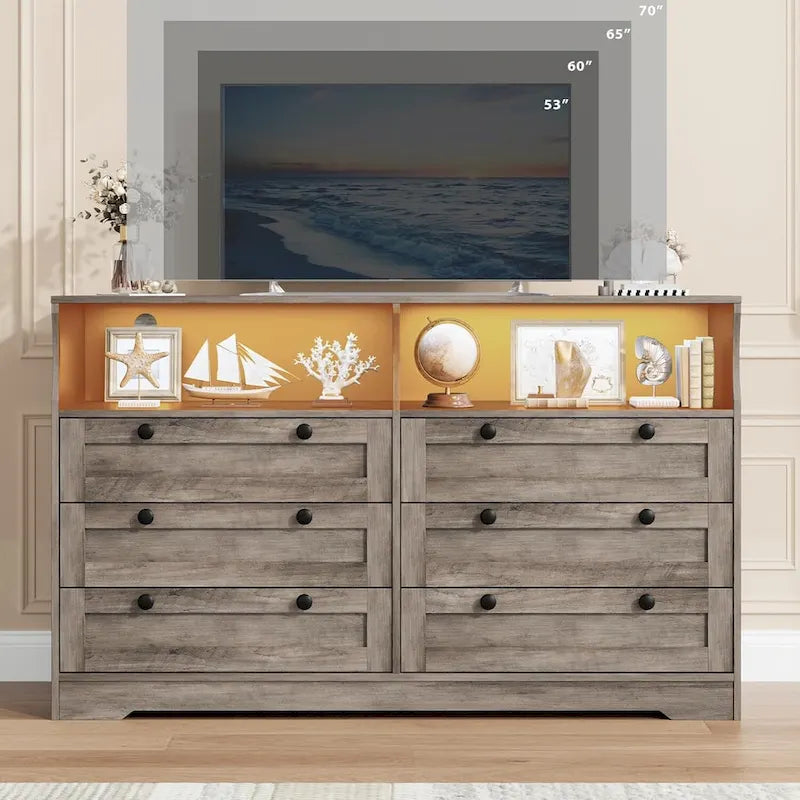 Commode large de 55", commode en bois à 6 tiroirs avec lumière LED, commode en bois avec grand espace de rangement