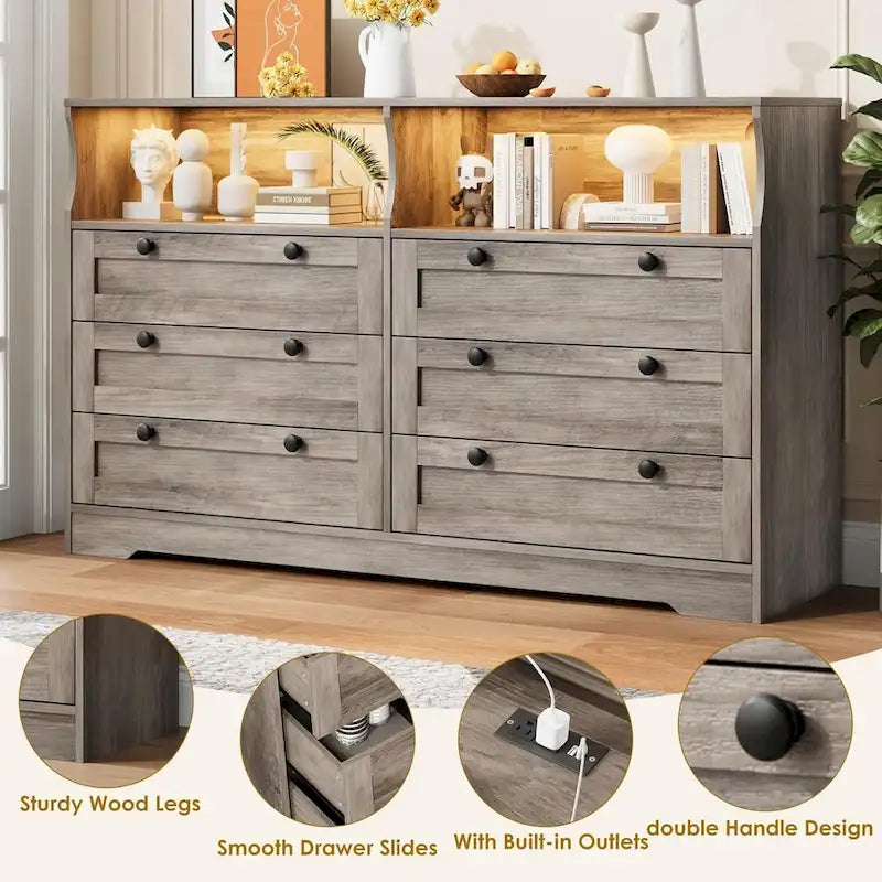 Commode large de 55", commode en bois à 6 tiroirs avec lumière LED, commode en bois avec grand espace de rangement