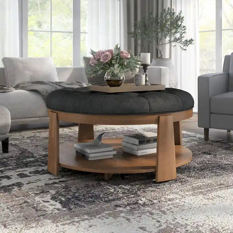 Pouf rond capitonné avec étagère ouverte et roulettes, cadre en bois naturel