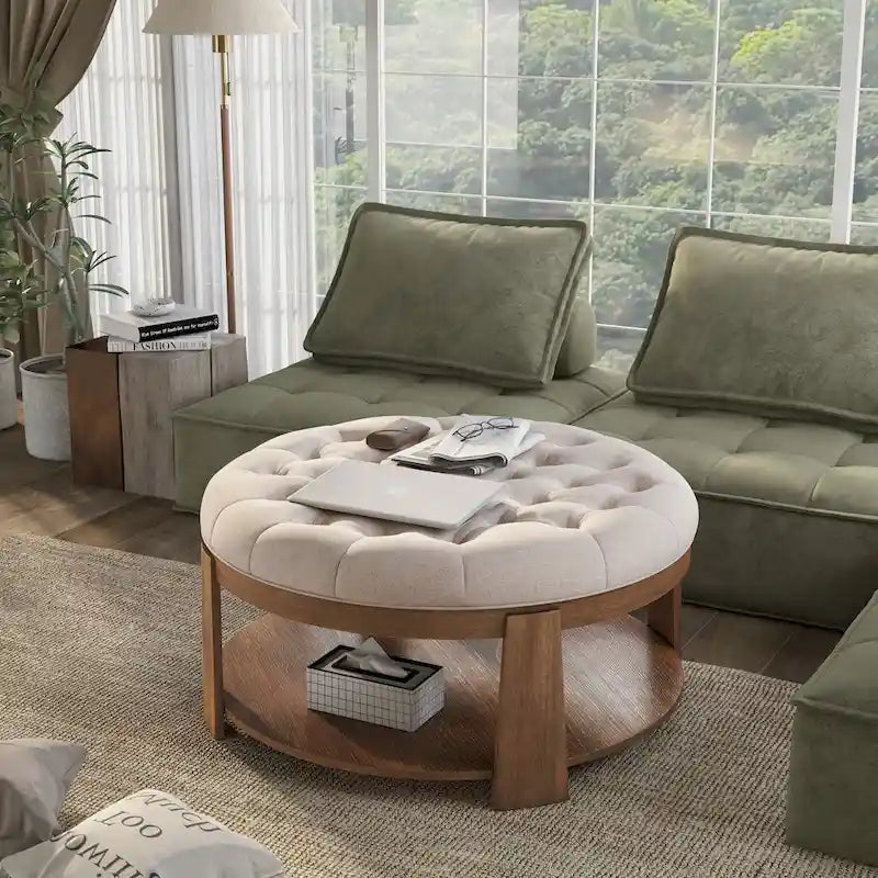 Pouf rond capitonné avec étagère ouverte et roulettes, cadre en bois naturel