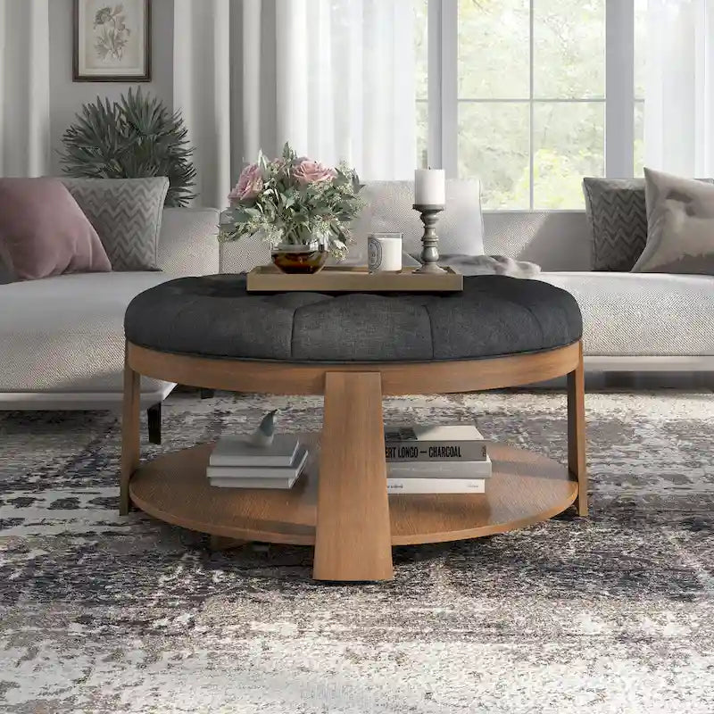 Pouf rond capitonné avec étagère ouverte et roulettes, cadre en bois naturel