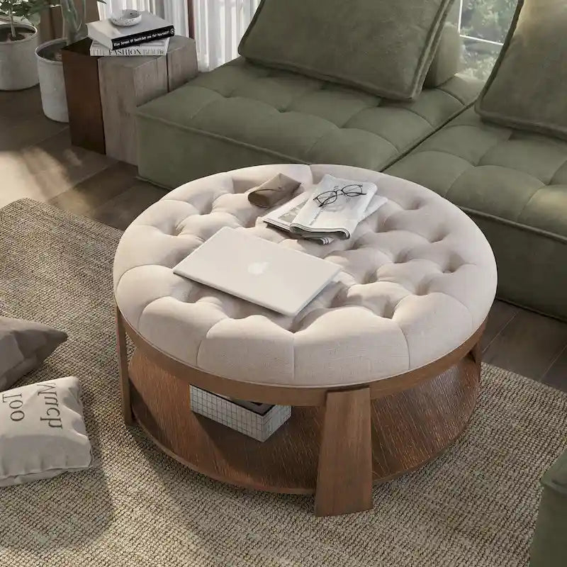 Pouf rond capitonné avec étagère ouverte et roulettes, cadre en bois naturel
