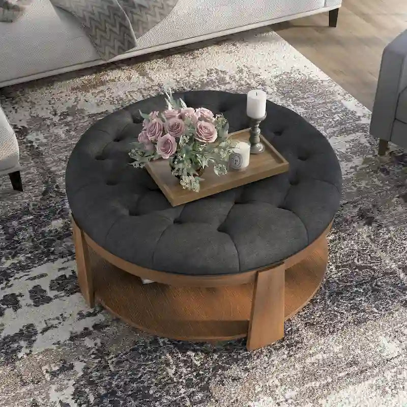 Pouf rond capitonné avec étagère ouverte et roulettes, cadre en bois naturel