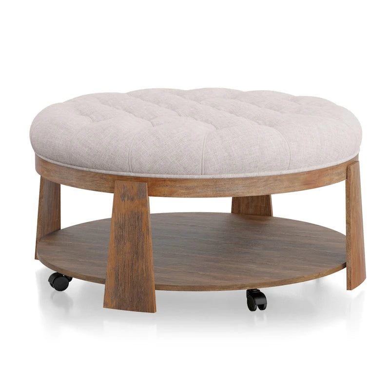 Pouf rond capitonné avec étagère ouverte et roulettes, cadre en bois naturel