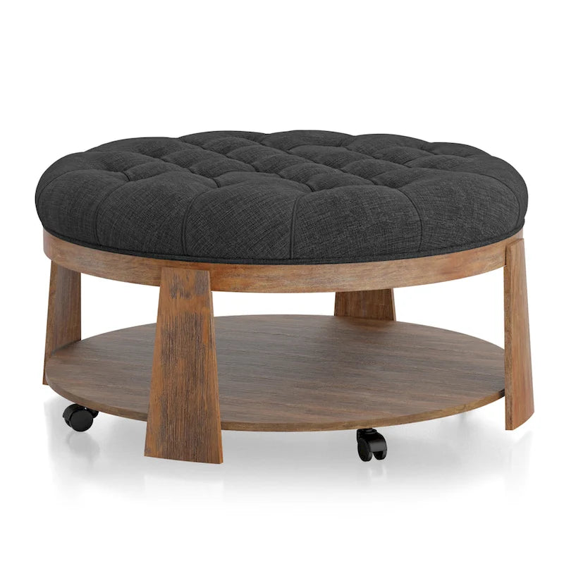 Pouf rond capitonné avec étagère ouverte et roulettes, cadre en bois naturel