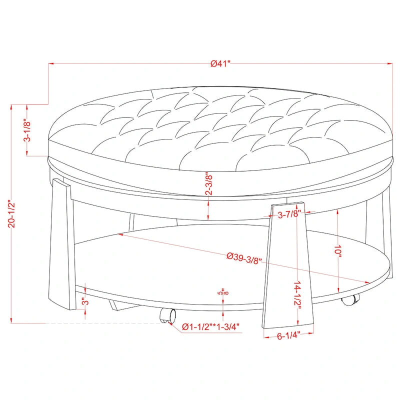 Pouf rond capitonné avec étagère ouverte et roulettes, cadre en bois naturel