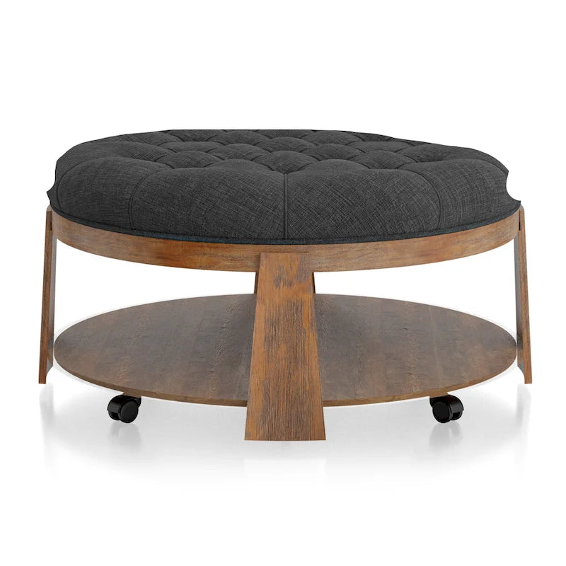 Pouf rond capitonné avec étagère ouverte et roulettes, cadre en bois naturel