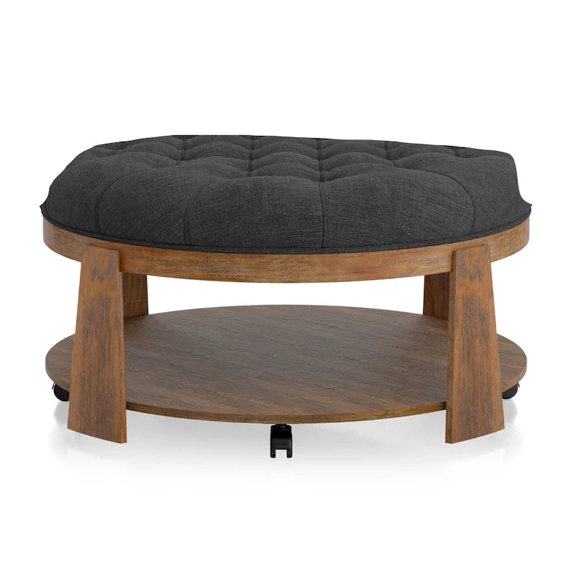 Pouf rond capitonné avec étagère ouverte et roulettes, cadre en bois naturel