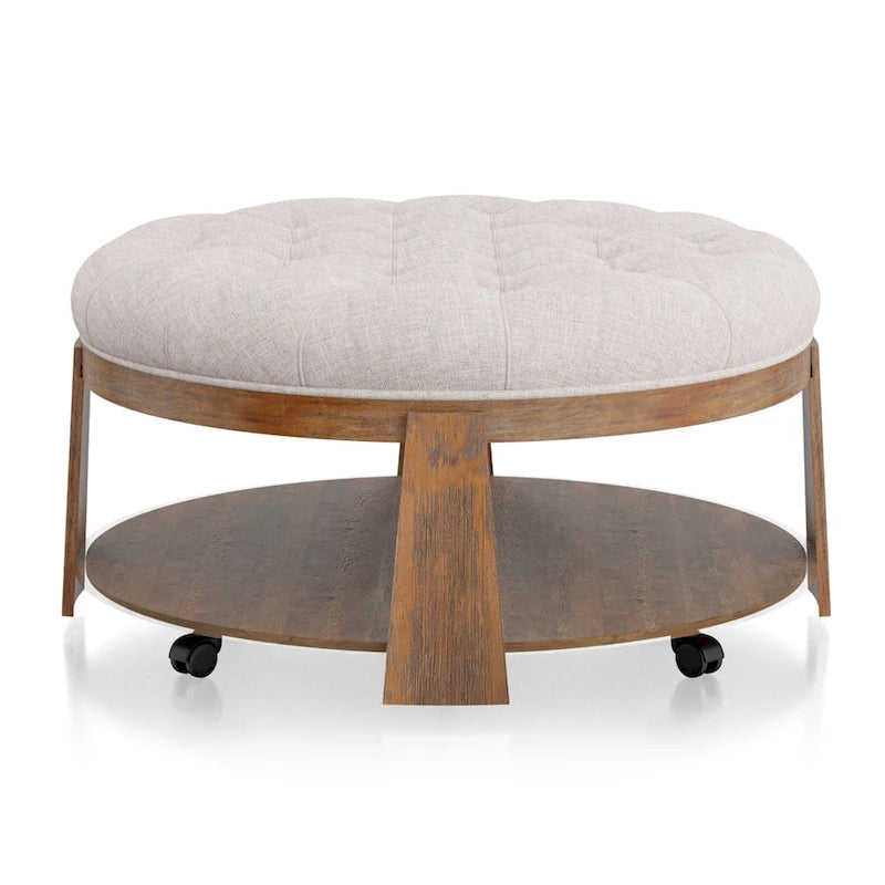 Pouf rond capitonné avec étagère ouverte et roulettes, cadre en bois naturel