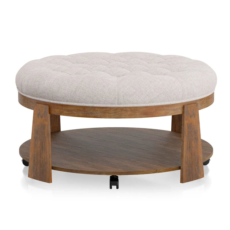 Pouf rond capitonné avec étagère ouverte et roulettes, cadre en bois naturel