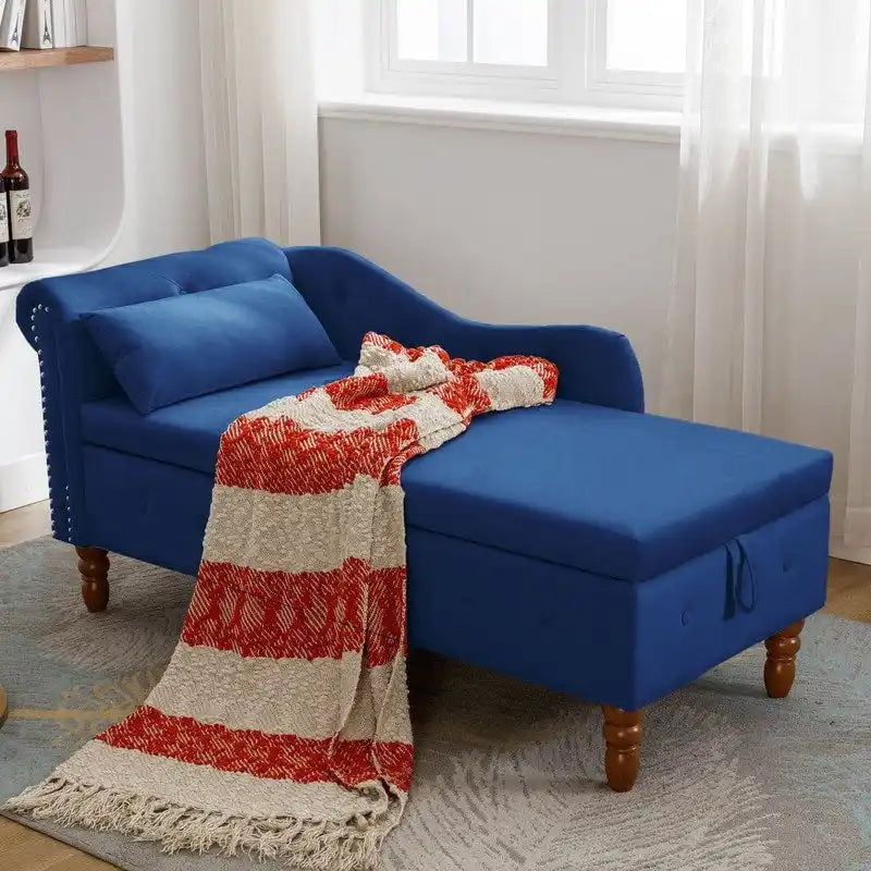 Chaise longue d'intérieur, Chaise longue en velours pour chambre à coucher avec rangement et oreiller, Chaise longue moderne rembourrée à accoudoirs roulés
