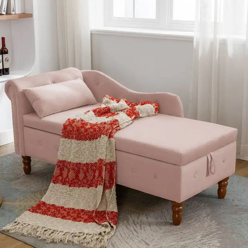 Chaise longue d'intérieur, Chaise longue en velours pour chambre à coucher avec rangement et oreiller, Chaise longue moderne rembourrée à accoudoirs roulés