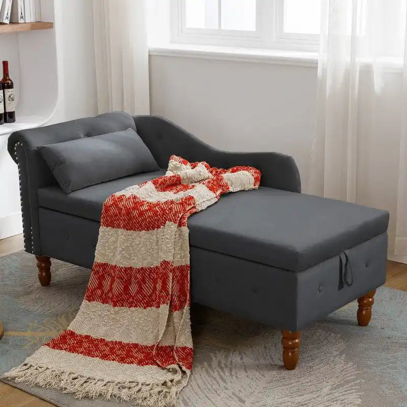 Chaise longue d'intérieur, Chaise longue en velours pour chambre à coucher avec rangement et oreiller, Chaise longue moderne rembourrée à accoudoirs roulés