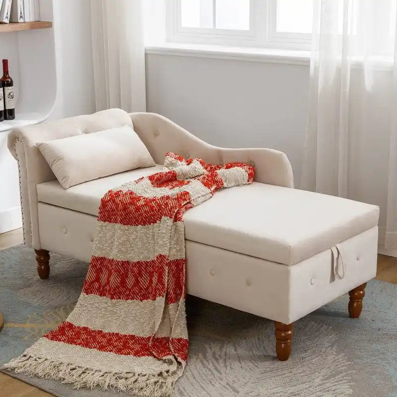 Chaise longue d'intérieur, Chaise longue en velours pour chambre à coucher avec rangement et oreiller, Chaise longue moderne rembourrée à accoudoirs roulés