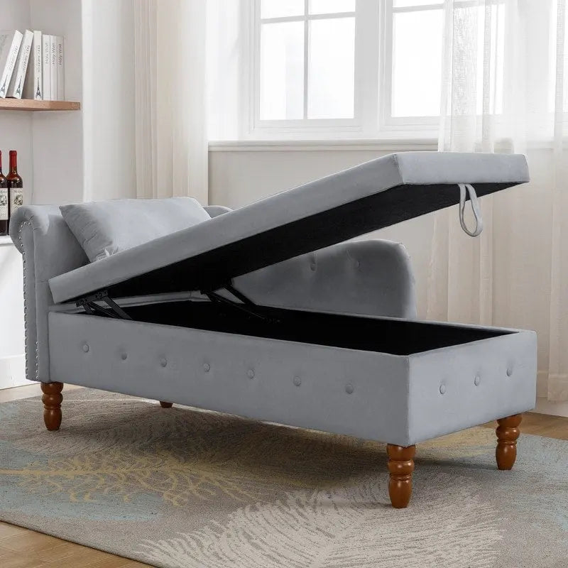 Chaise longue d'intérieur, Chaise longue en velours pour chambre à coucher avec rangement et oreiller, Chaise longue moderne rembourrée à accoudoirs roulés