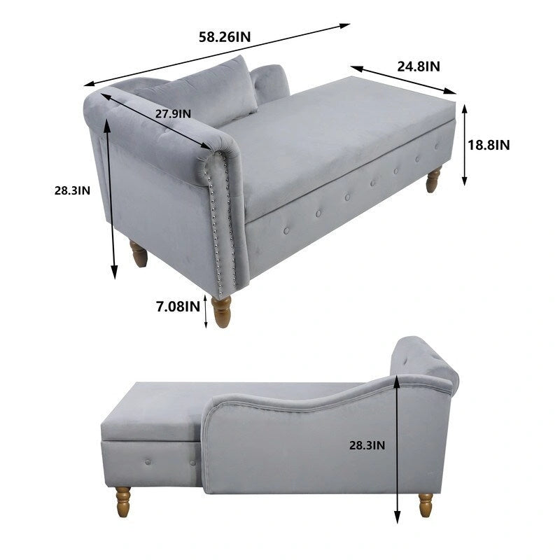 Chaise longue d'intérieur, Chaise longue en velours pour chambre à coucher avec rangement et oreiller, Chaise longue moderne rembourrée à accoudoirs roulés