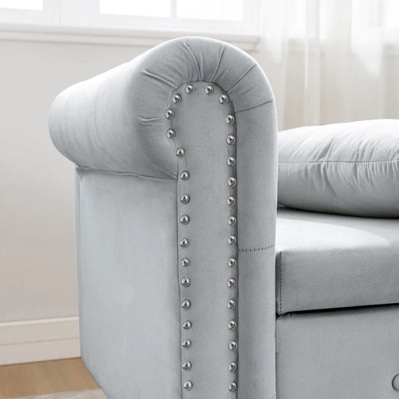 Chaise longue d'intérieur, Chaise longue en velours pour chambre à coucher avec rangement et oreiller, Chaise longue moderne rembourrée à accoudoirs roulés