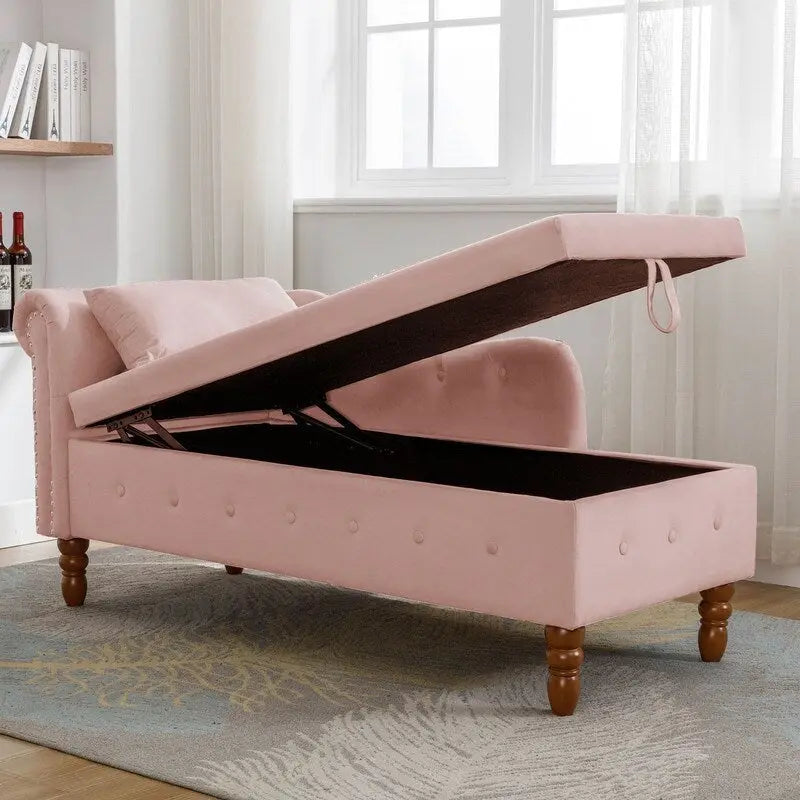 Chaise longue d'intérieur, Chaise longue en velours pour chambre à coucher avec rangement et oreiller, Chaise longue moderne rembourrée à accoudoirs roulés