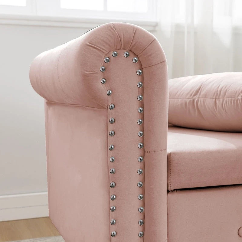 Chaise longue d'intérieur, Chaise longue en velours pour chambre à coucher avec rangement et oreiller, Chaise longue moderne rembourrée à accoudoirs roulés