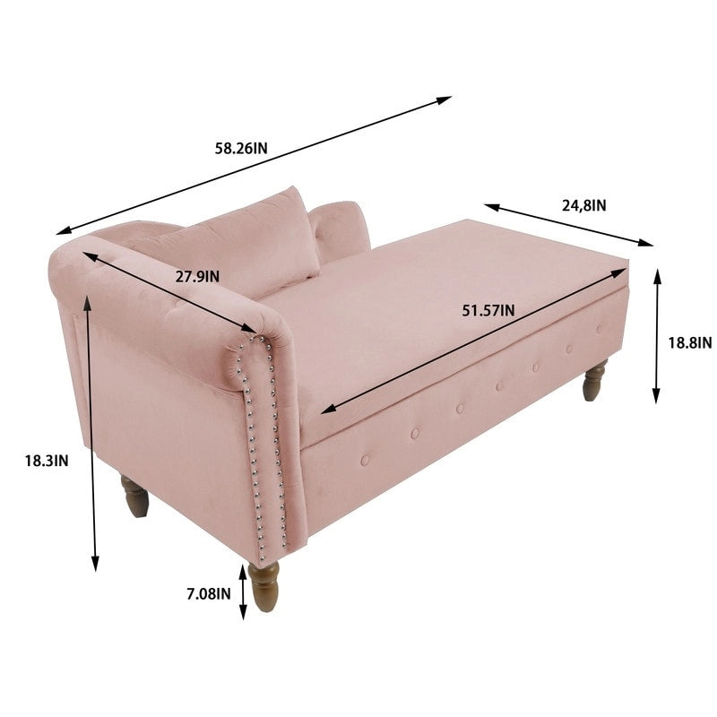 Chaise longue d'intérieur, Chaise longue en velours pour chambre à coucher avec rangement et oreiller, Chaise longue moderne rembourrée à accoudoirs roulés