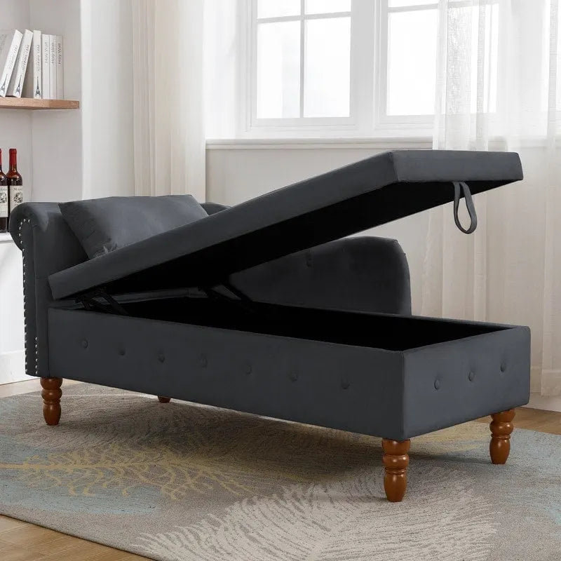 Chaise longue d'intérieur, Chaise longue en velours pour chambre à coucher avec rangement et oreiller, Chaise longue moderne rembourrée à accoudoirs roulés