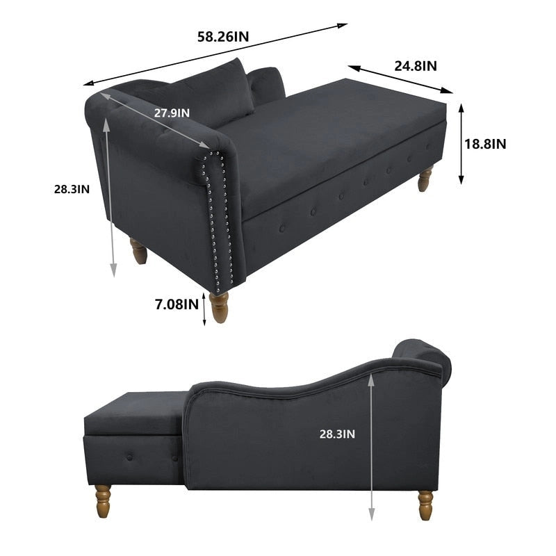 Chaise longue d'intérieur, Chaise longue en velours pour chambre à coucher avec rangement et oreiller, Chaise longue moderne rembourrée à accoudoirs roulés