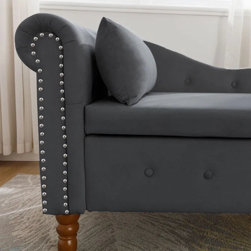 Chaise longue d'intérieur, Chaise longue en velours pour chambre à coucher avec rangement et oreiller, Chaise longue moderne rembourrée à accoudoirs roulés