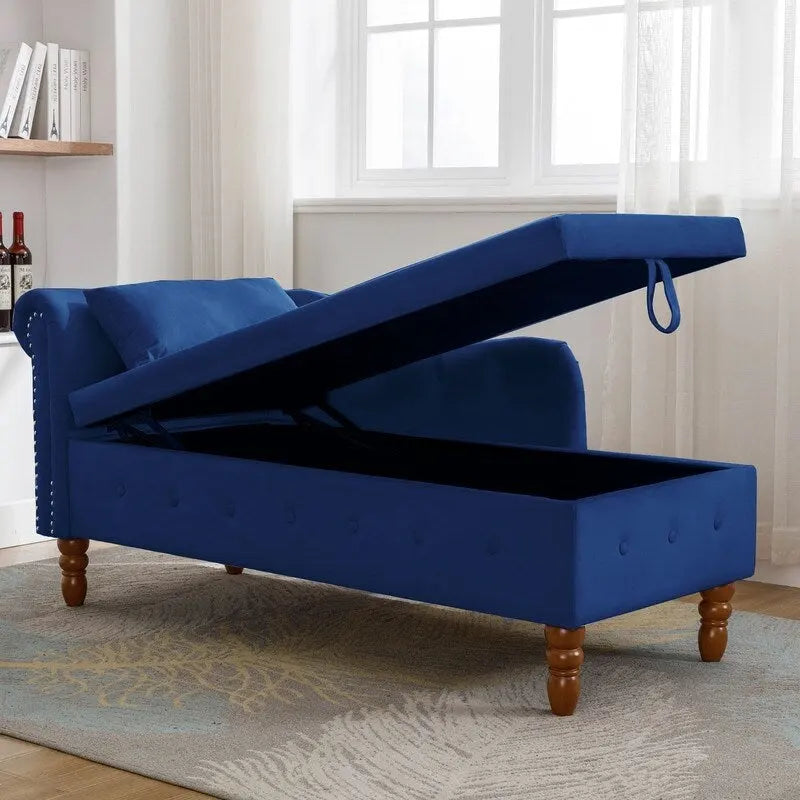 Chaise longue d'intérieur, Chaise longue en velours pour chambre à coucher avec rangement et oreiller, Chaise longue moderne rembourrée à accoudoirs roulés