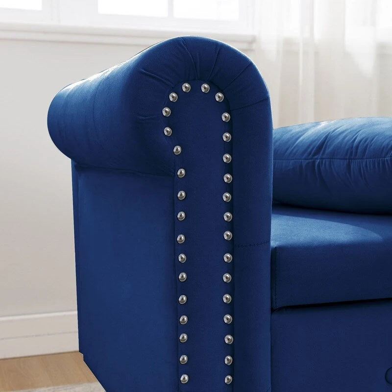 Chaise longue d'intérieur, Chaise longue en velours pour chambre à coucher avec rangement et oreiller, Chaise longue moderne rembourrée à accoudoirs roulés