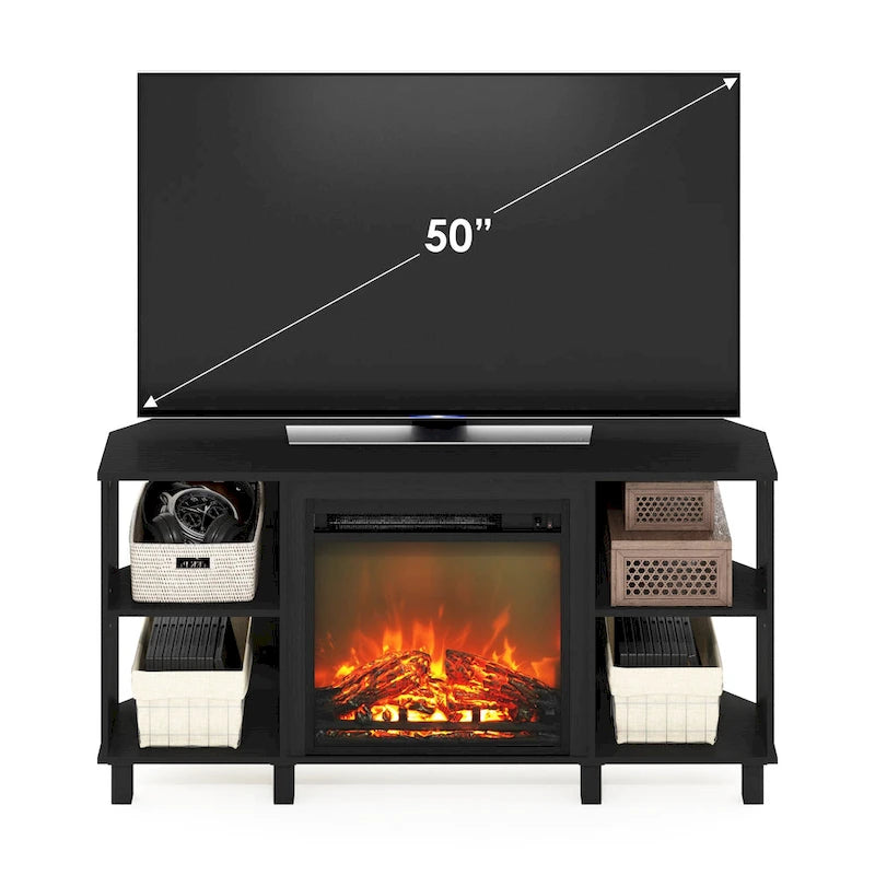 Meuble TV d'angle avec cheminée électrique et pieds en métal, convient aux téléviseurs jusqu'à 55 pouces