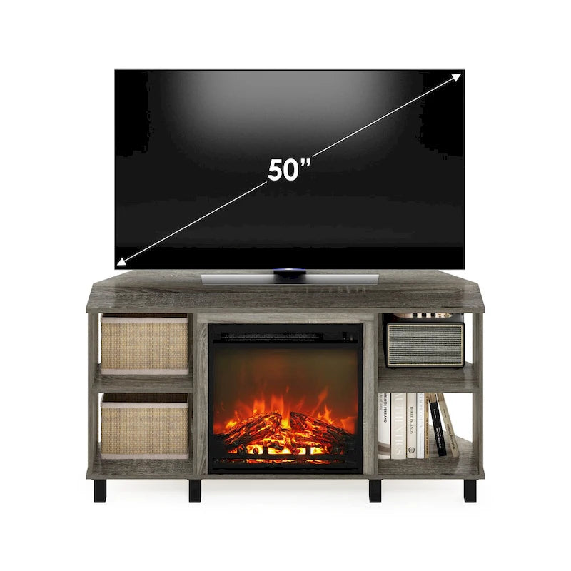 Meuble TV d'angle avec cheminée électrique et pieds en métal, convient aux téléviseurs jusqu'à 55 pouces