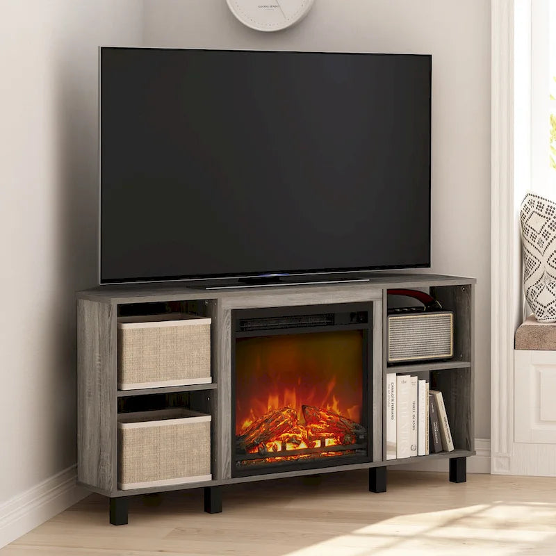Meuble TV d'angle avec cheminée électrique et pieds en métal, convient aux téléviseurs jusqu'à 55 pouces