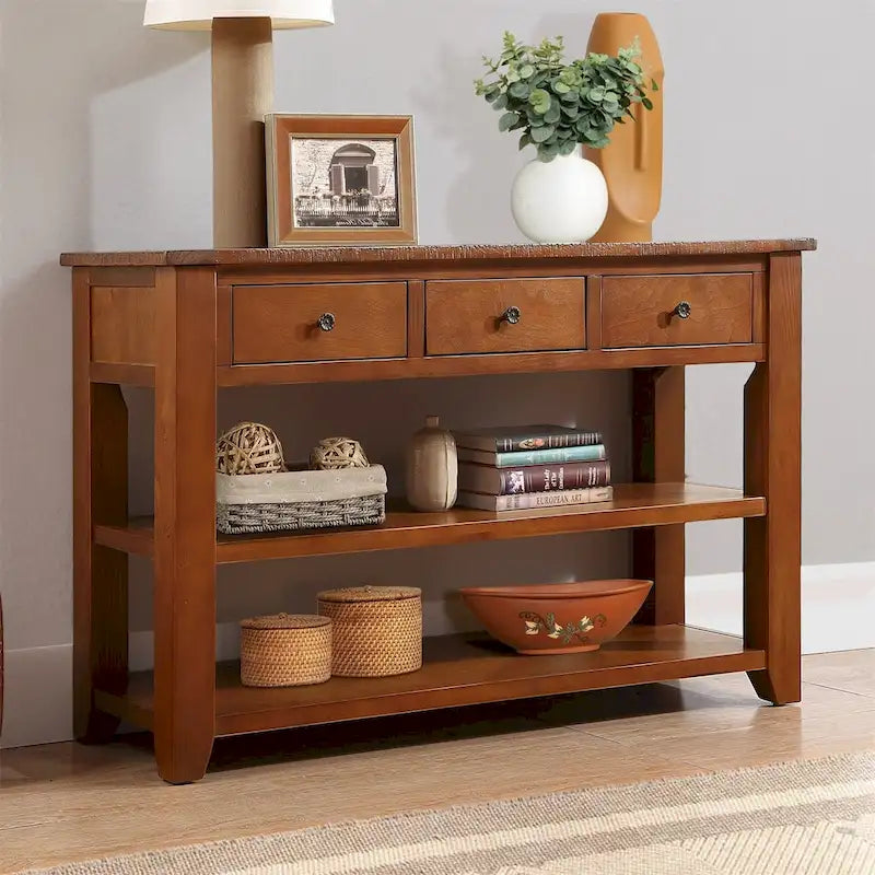 Table console vintage en pin, 48 po, avec 3 tiroirs et 2 étagères