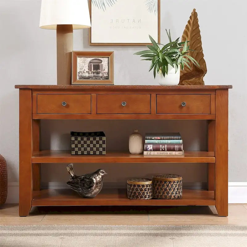 Table console vintage en pin, 48 po, avec 3 tiroirs et 2 étagères
