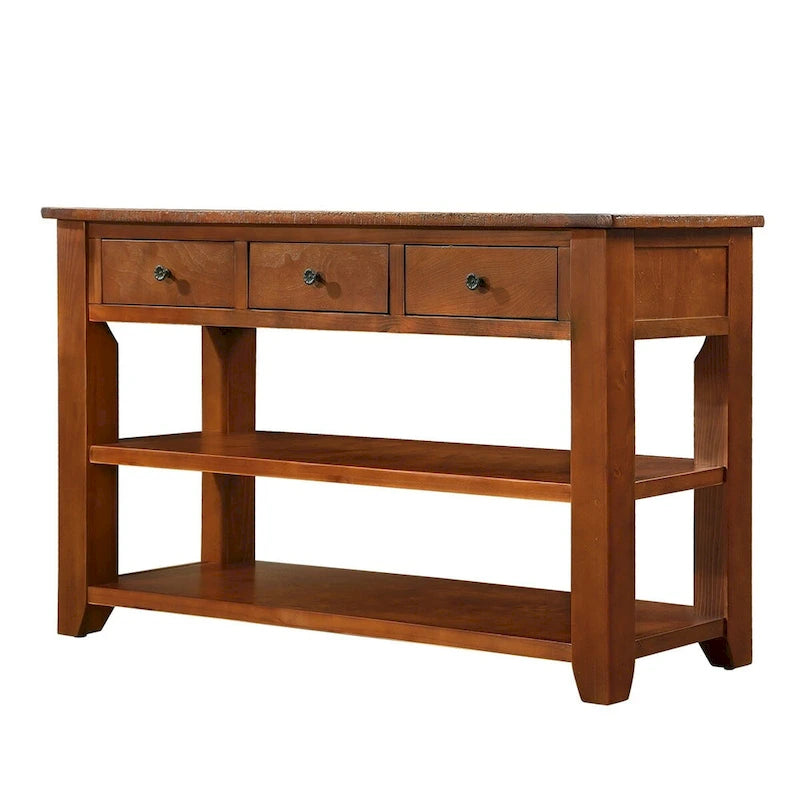 Table console vintage en pin, 48 po, avec 3 tiroirs et 2 étagères