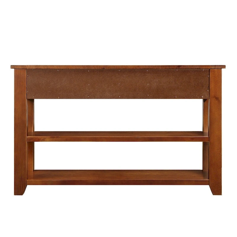 Table console vintage en pin, 48 po, avec 3 tiroirs et 2 étagères