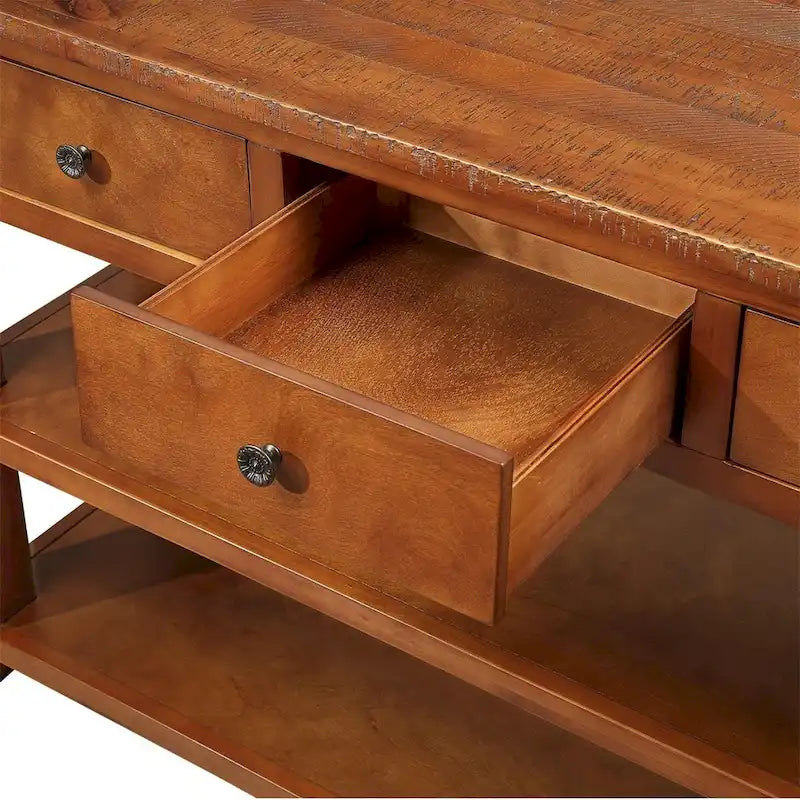 Table console vintage en pin, 48 po, avec 3 tiroirs et 2 étagères