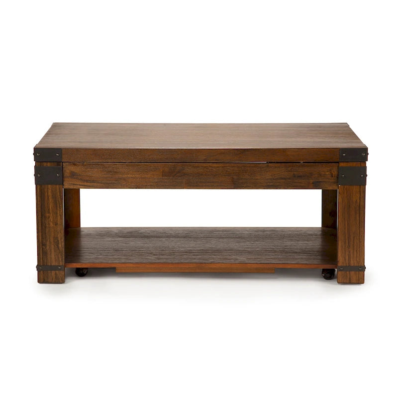 Table basse relevable rectangulaire 48", merisier moyen avec touches industrielles