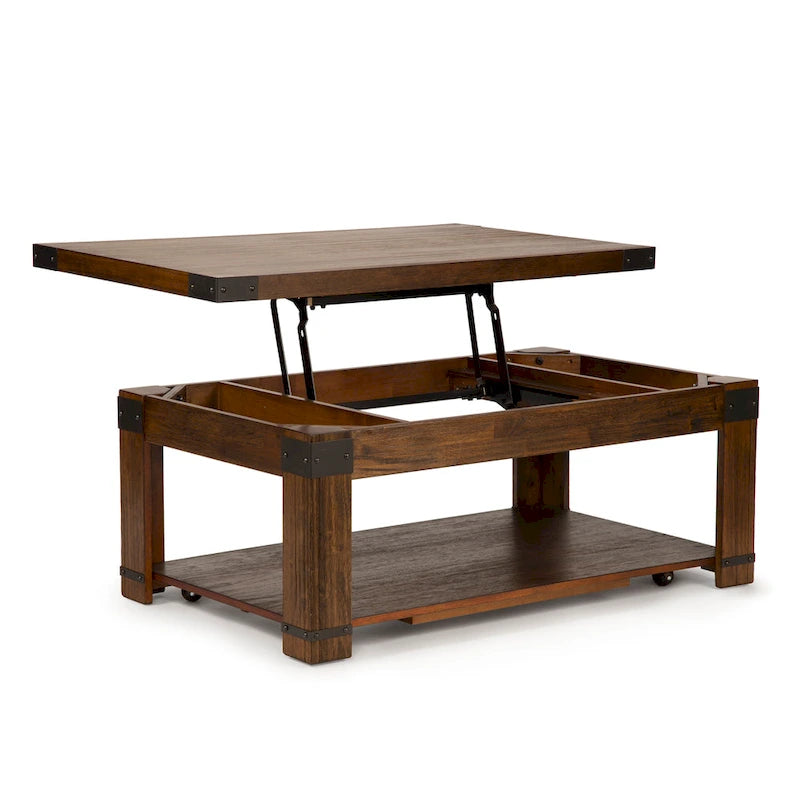 Table basse relevable rectangulaire 48", merisier moyen avec touches industrielles