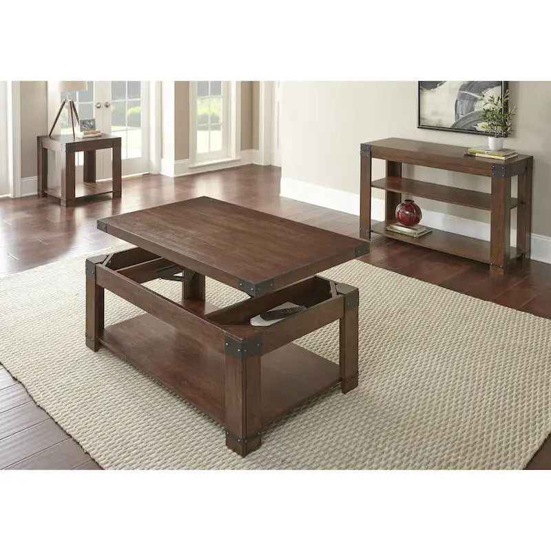 Table basse relevable rectangulaire 48", merisier moyen avec touches industrielles