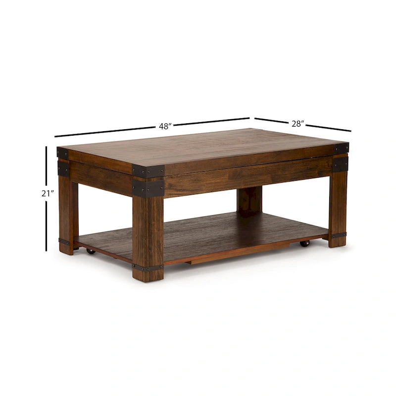 Table basse relevable rectangulaire 48", merisier moyen avec touches industrielles