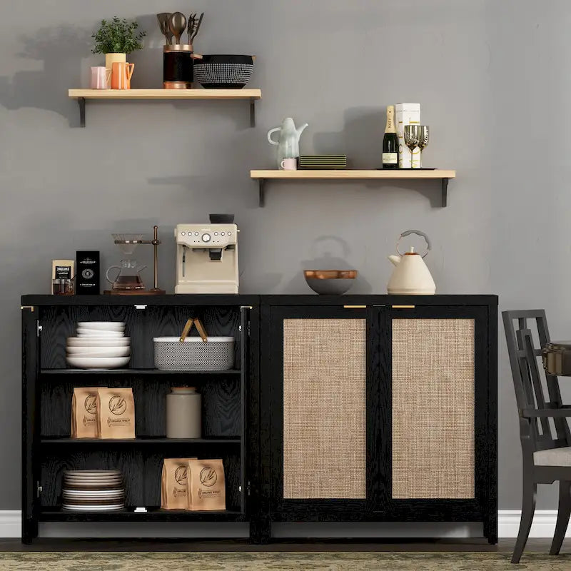 Buffet en rotin avec 2 portes et étagère réglable