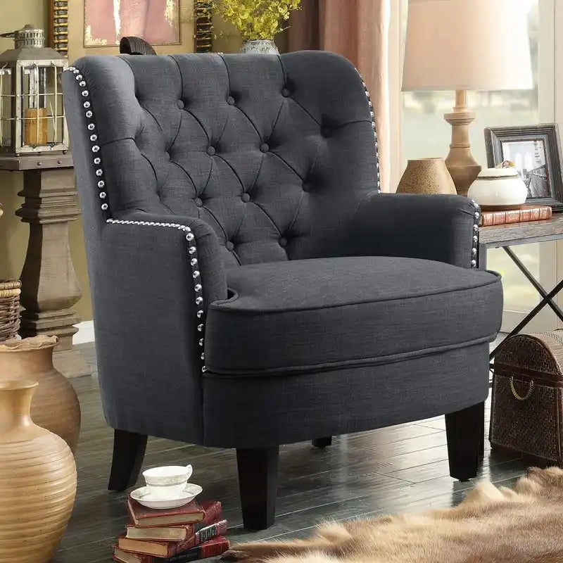 Fauteuil d'appoint capitonné à oreilles de 76 cm de large, Velours / Lin