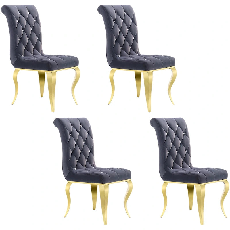 Chaises de salle à manger en velours gris avec pieds en or poli