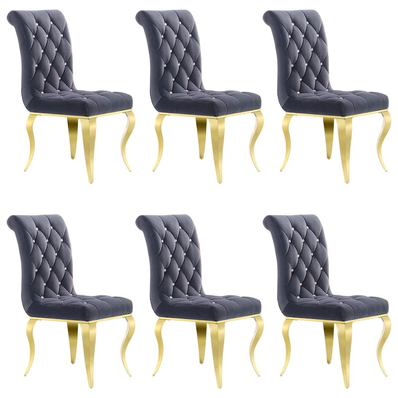 Chaises de salle à manger en velours gris avec pieds en or poli
