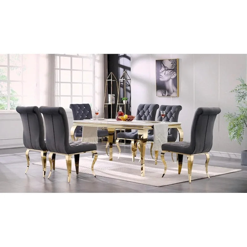 Chaises de salle à manger en velours gris avec pieds en or poli